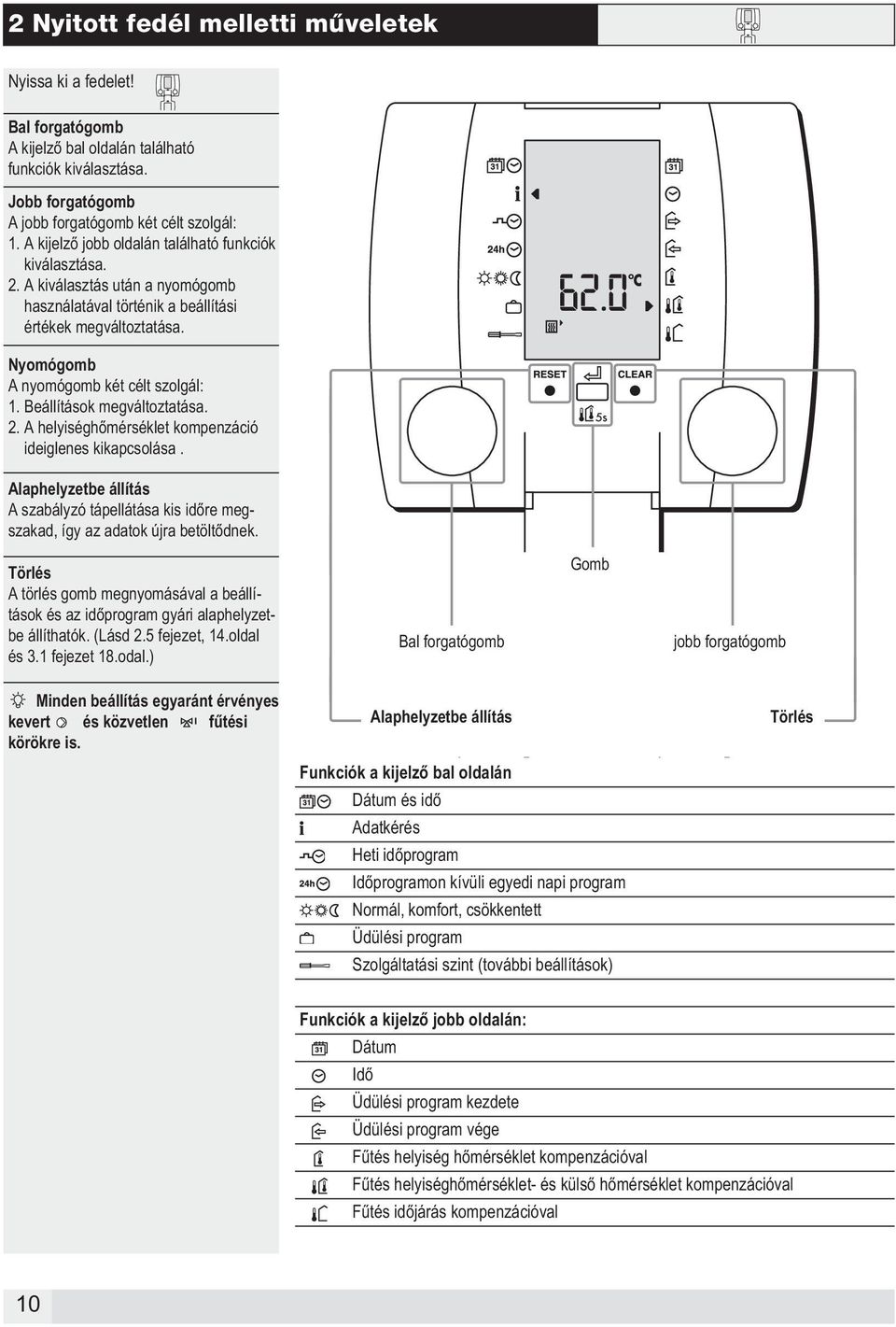 Beállítások megváltoztatása. 2. A helyiséghőmérséklet kompenzáció ideiglenes kikapcsolása. Alaphelyzetbe állítás A szabályzó tápellátása kis időre megszakad, így az adatok újra betöltődnek.