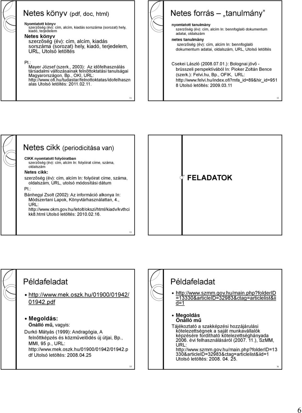 In: bennfoglaló dokumentum adatai, oldalszám, URL, Utolsó letöltés Pl.: Mayer József (szerk., 2003): Az időfelhasználás társadalmi változásainak felnőttoktatási tanulságai Magyarországon, Bp.