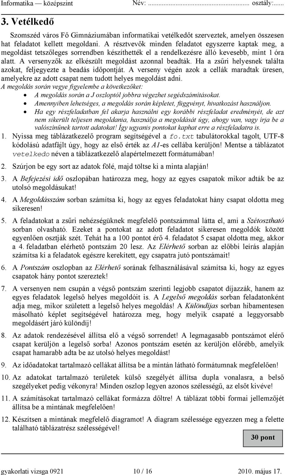 A versenyzők az elkészült megoldást azonnal beadták. Ha a zsűri helyesnek találta azokat, feljegyezte a beadás időpontját.