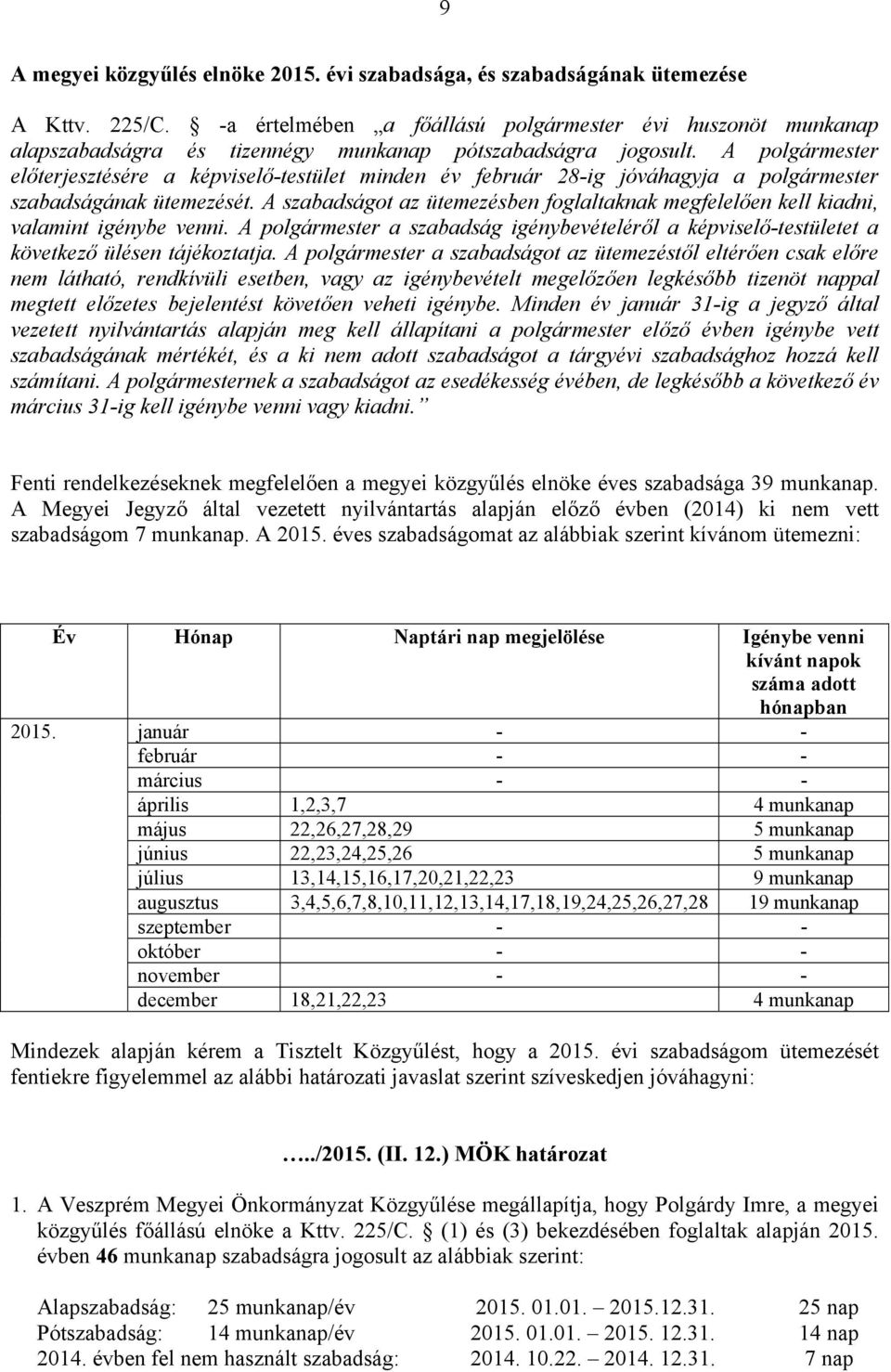 A polgármester előterjesztésére a képviselő-testület minden év február 28-ig jóváhagyja a polgármester szabadságának ütemezését.