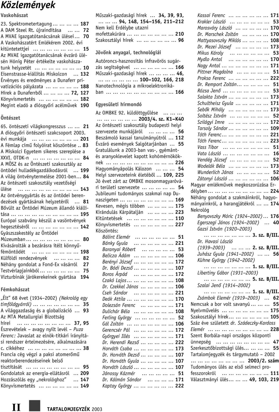 pályázata 188 Hírek a Dunaferrbôl 72, 127 Könyvismertetés 182 Megint eladó a diósgyôri acélmûvek 190 Öntészet 65. öntészeti világkongresszus 21 A diósgyôri öntészeti szakcsoport 2003.