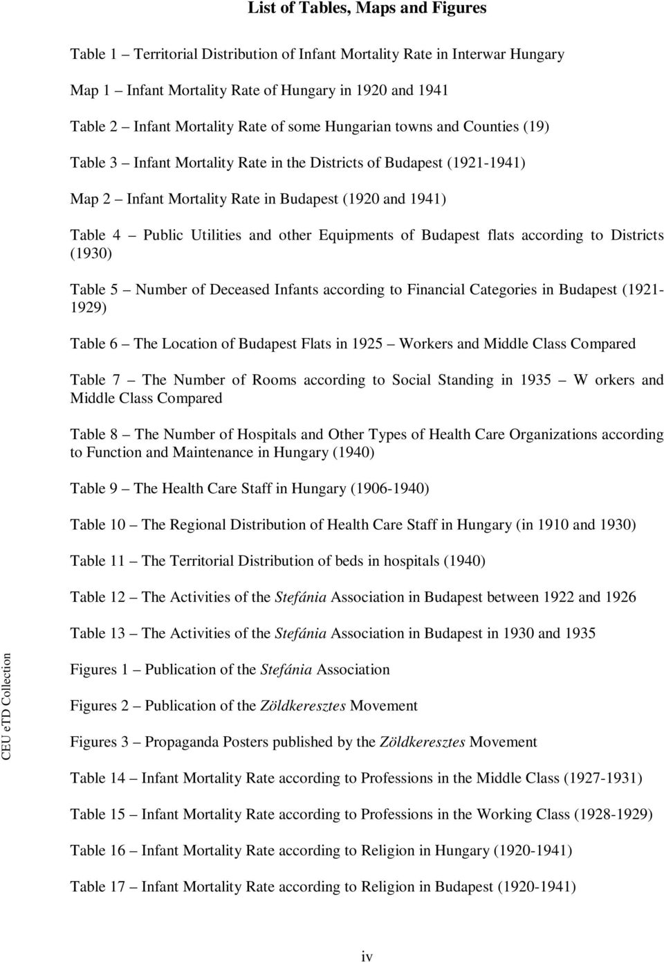 other Equipments of Budapest flats according to Districts (1930) Table 5 Number of Deceased Infants according to Financial Categories in Budapest (1921-1929) Table 6 The Location of Budapest Flats in