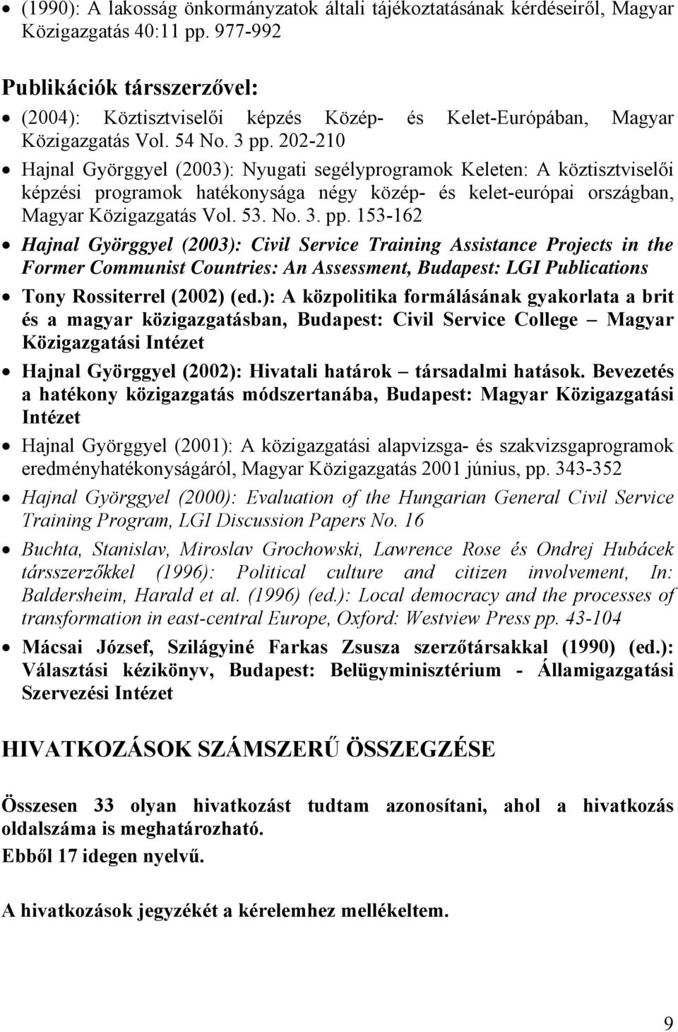 202-210 Hajnal Györggyel (2003): Nyugati segélyprogramok Keleten: A köztisztviselői képzési programok hatékonysága négy közép- és kelet-európai országban, Magyar Közigazgatás Vol. 53. No. 3. pp.