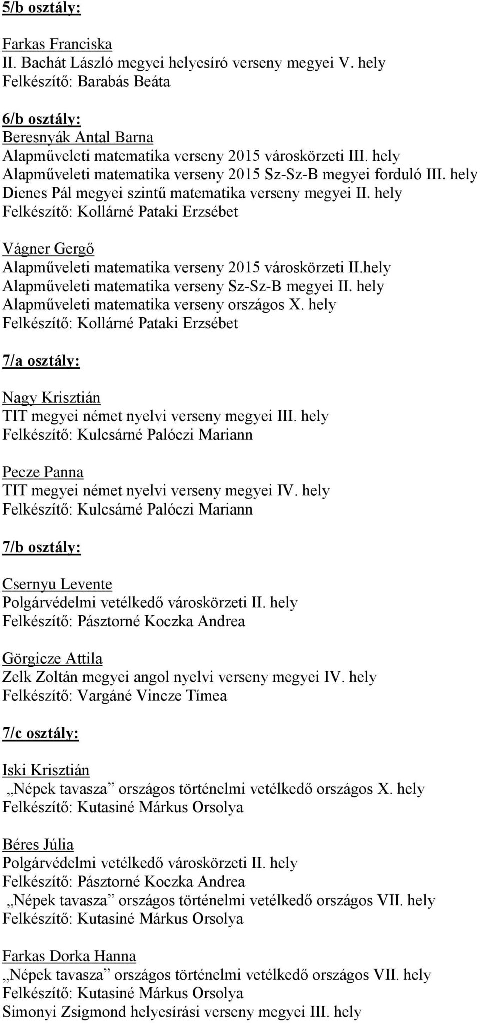 hely Dienes Pál megyei szintű matematika verseny megyei II. hely Felkészítő: Kollárné Pataki Erzsébet Vágner Gergő Alapműveleti matematika verseny 2015 városkörzeti II.