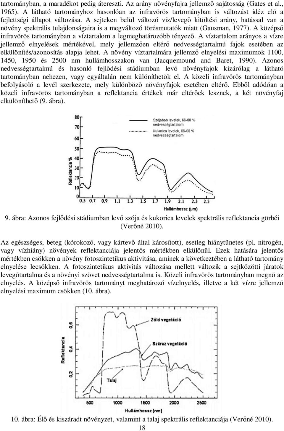 A sejteken belül változó víz/levegő kitöltési arány, hatással van a növény spektrális tulajdonságaira is a megváltozó törésmutatók miatt (Gausman, 1977).