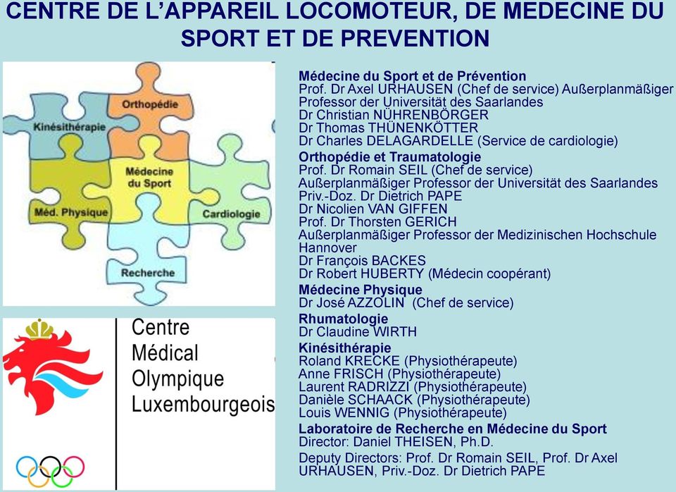 Orthopédie et Traumatologie Prof. Dr Romain SEIL (Chef de service) Außerplanmäßiger Professor der Universität des Saarlandes Priv.-Doz. Dr Dietrich PAPE Dr Nicolien VAN GIFFEN Prof.