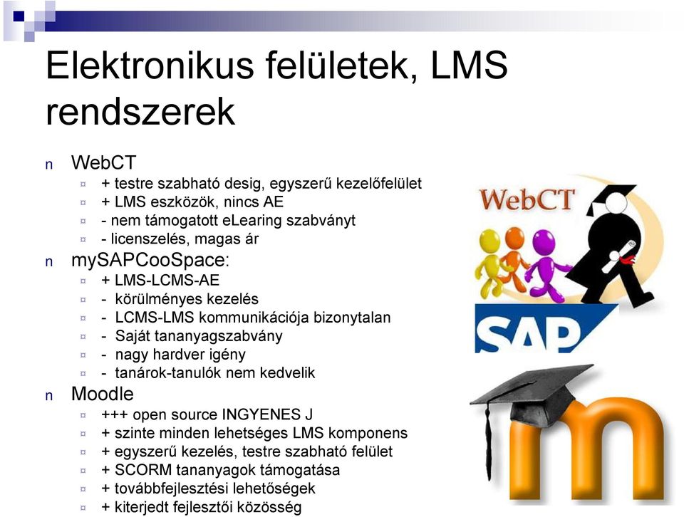 tananyagszabvány - nagy hardver igény - tanárok-tanulók nem kedvelik Moodle +++ open source INGYENES J + szinte minden lehetséges LMS