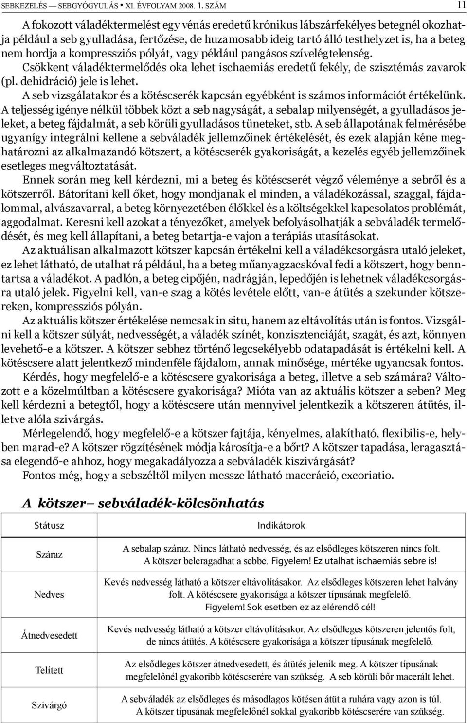 hordja a kompressziós pólyát, vagy például pangásos szívelégtelenség. Csökkent váladéktermelődés oka lehet ischaemiás eredetű fekély, de szisztémás zavarok (pl. dehidráció) jele is lehet.