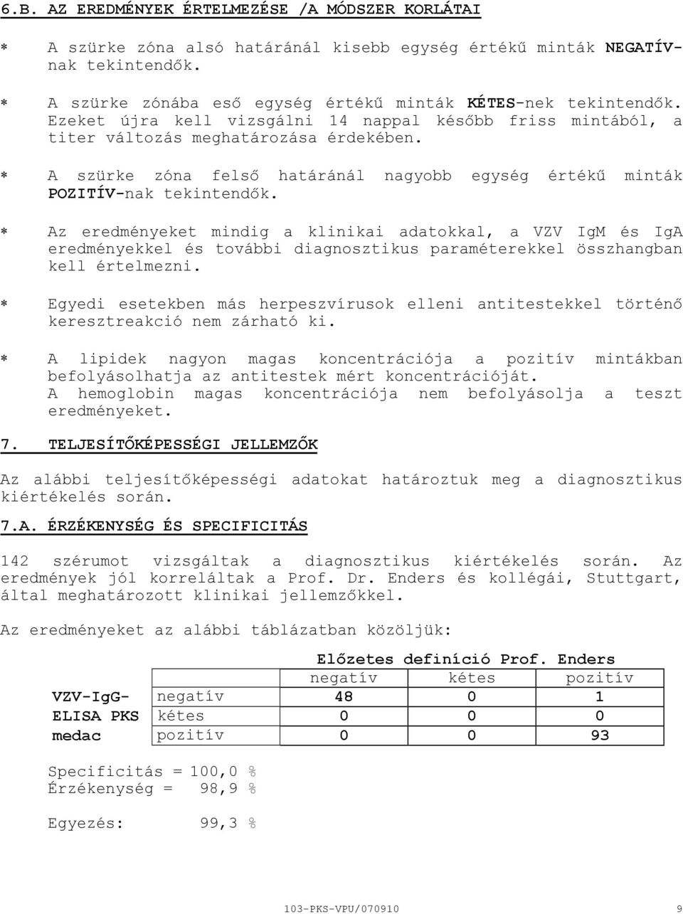 Az eredményeket mindig a klinikai adatokkal, a VZV IgM és IgA eredményekkel és további diagnosztikus paraméterekkel összhangban kell értelmezni.