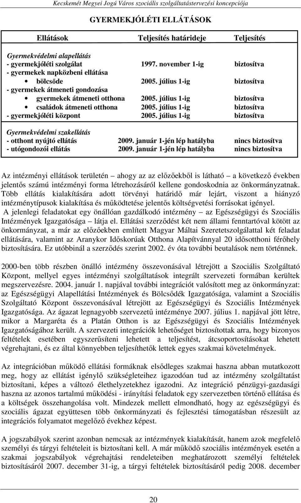 július 1-ig biztosítva Gyermekvédelmi szakellátás - otthont nyújtó ellátás 2009. január 1-jén lép hatályba nincs biztosítva - utógondozói ellátás 2009.