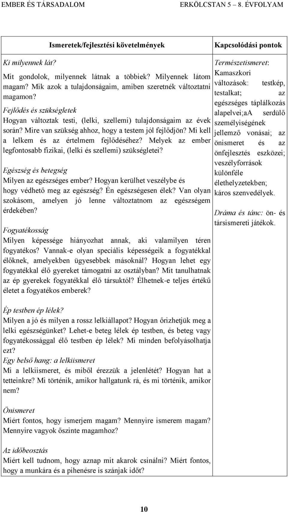 Melyek az ember legfontosabb fizikai, (lelki és szellemi) szükségletei? Egészség és betegség Milyen az egészséges ember? Hogyan kerülhet veszélybe és hogy védhető meg az egészség?