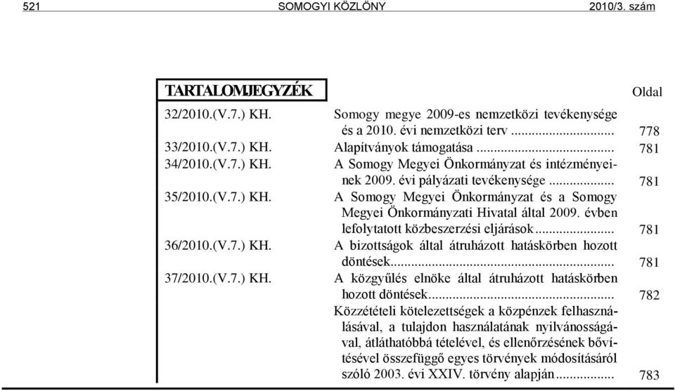 évben lefolytatott közbeszerzési eljárások... 781 36/2010.(V.7.) KH. A bizottságok által átruházott hatáskörben hozott döntések... 781 37/2010.(V.7.) KH. A közgyűlés elnöke által átruházott hatáskörben hozott döntések.