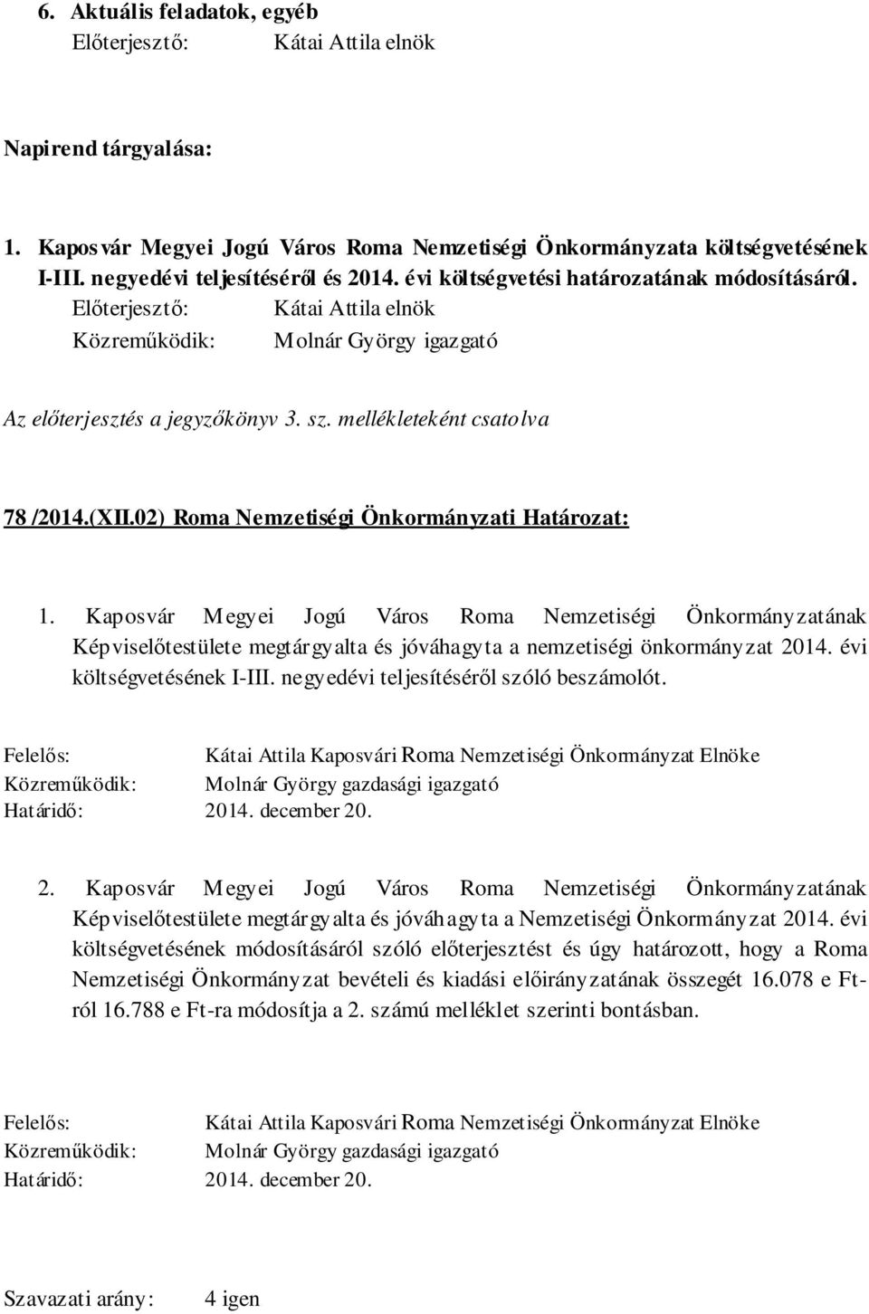 02) Roma Nemzetiségi Önkormányzati Határozat: 1. Kaposvár Megyei Jogú Város Roma Nemzetiségi Önkormányzatának Képviselőtestülete megtárgyalta és jóváhagyta a nemzetiségi önkormányzat 2014.