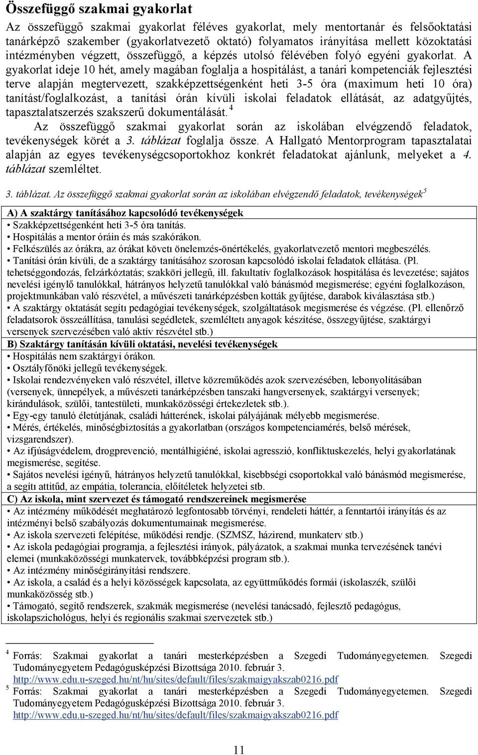 A gyakorlat ideje 10 hét, amely magában foglalja a hospitálást, a tanári kompetenciák fejlesztési terve alapján megtervezett, szakképzettségenként heti 3-5 óra (maximum heti 10 óra)