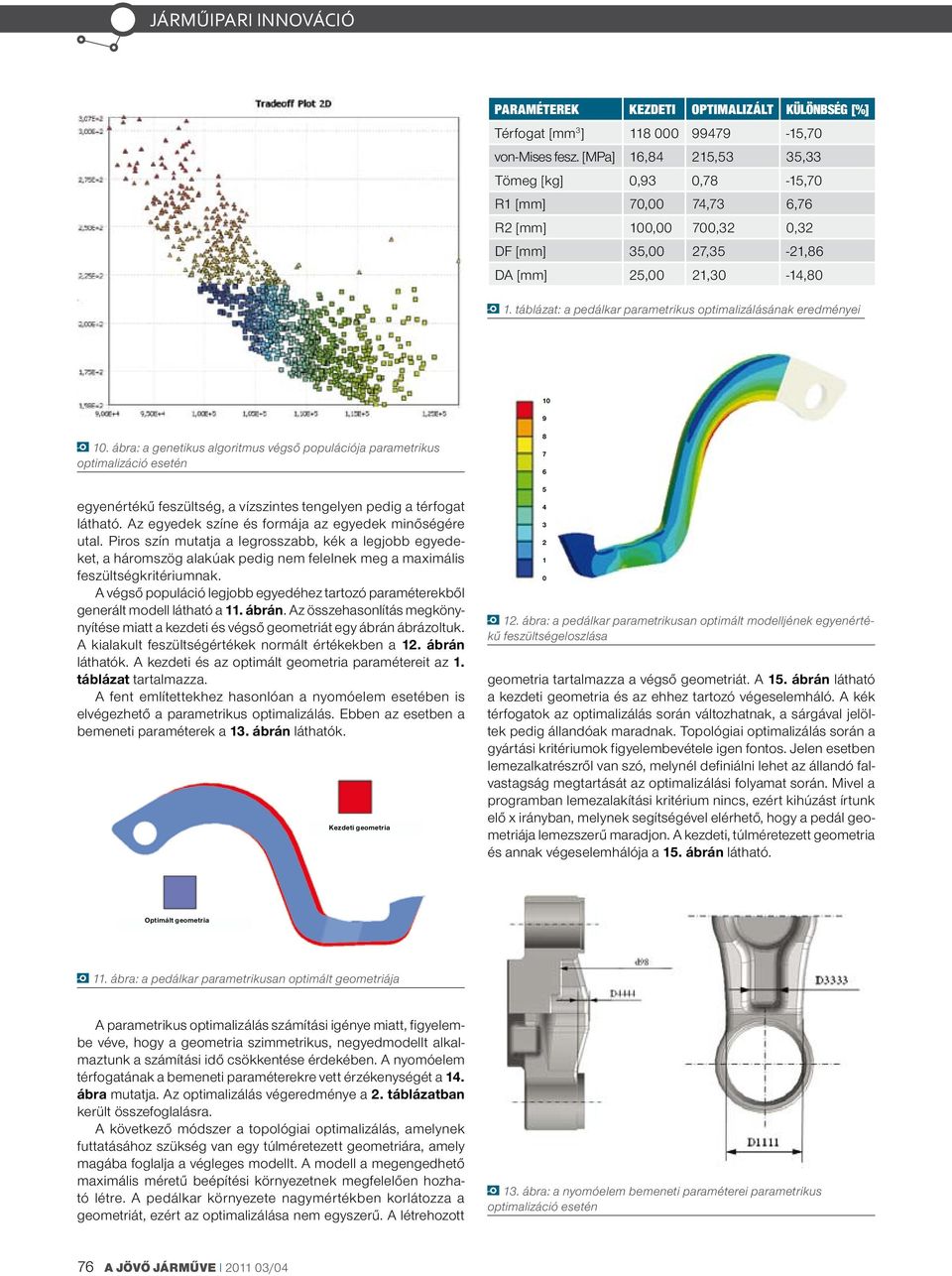 táblázat: a pedálkar parametrikus optimalizálásának eredményei 10 9 10.