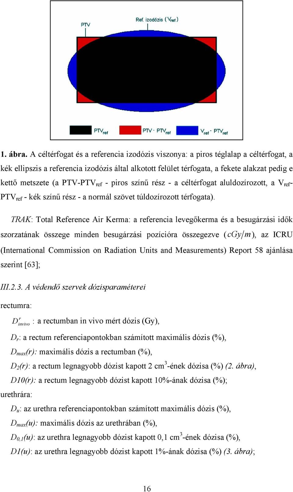 PTV-PTV ref - piros színű rész - a céltérfogat aluldozírozott, a V ref - PTV ref - kék színű rész - a normál szövet túldozírozott térfogata).