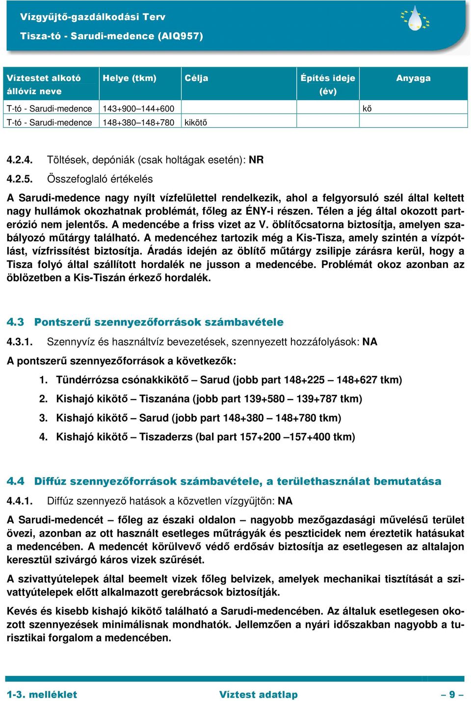 Télen a jég által okozott parterózió nem jelentős. A medencébe a friss vizet az V. öblítőcsatorna biztosítja, amelyen szabályozó műtárgy található.