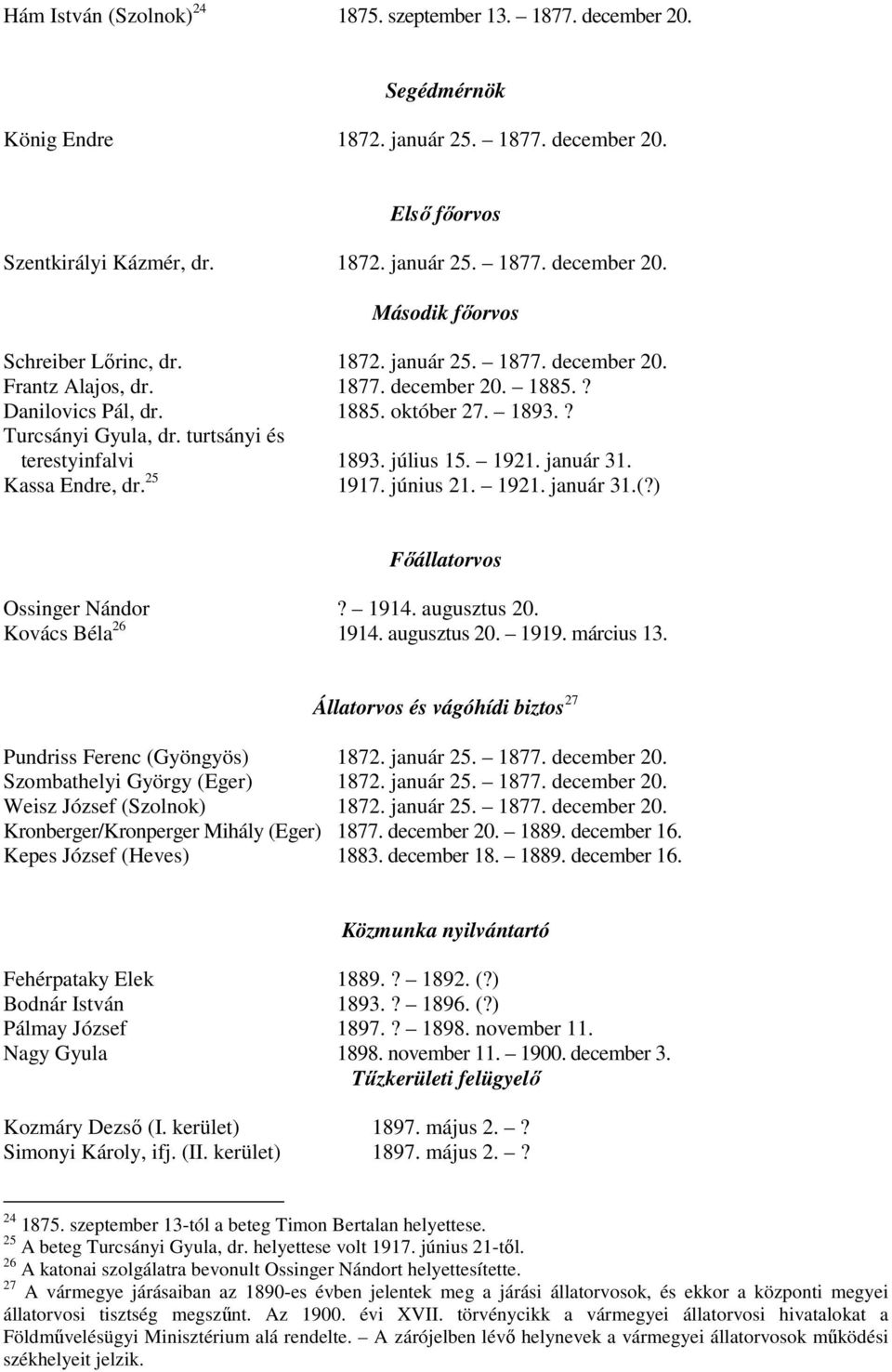 január 31. Kassa Endre, dr. 25 1917. június 21. 1921. január 31.(?) Főállatorvos Ossinger Nándor? 1914. augusztus 20. Kovács Béla 26 1914. augusztus 20. 1919. március 13.