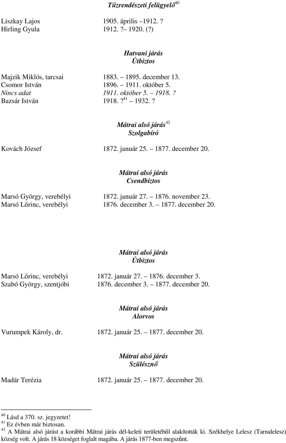 január 27. 1876. november 23. Marsó Lőrinc, verebélyi 1876. december 3. 1877. december 20. Mátrai alsó járás Marsó Lőrinc, verebélyi 1872. január 27. 1876. december 3. Szabó György, szentjóbi 1876.