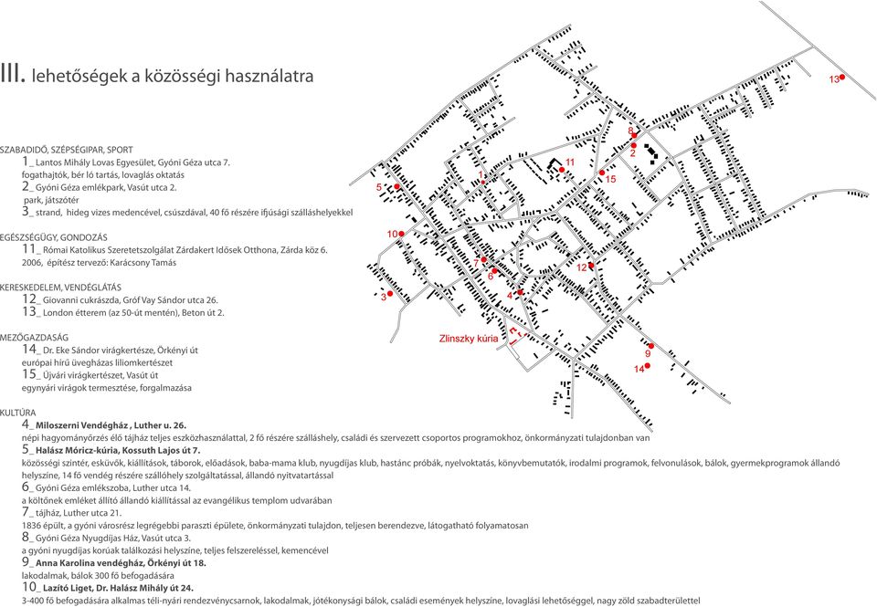 park, játszótér 3_ strand, hideg vizes medencével, csúszdával, 40 fő részére ifjúsági szálláshelyekkel EGÉSZSÉGÜGY, GONDOZÁS 11_ Római Katolikus Szeretetszolgálat Zárdakert Idősek Otthona, Zárda köz