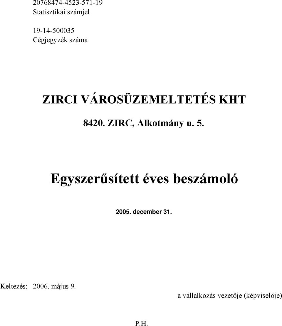 ZIRC, Alkotmány u. 5. Egyszerűsített éves beszámoló 2005.