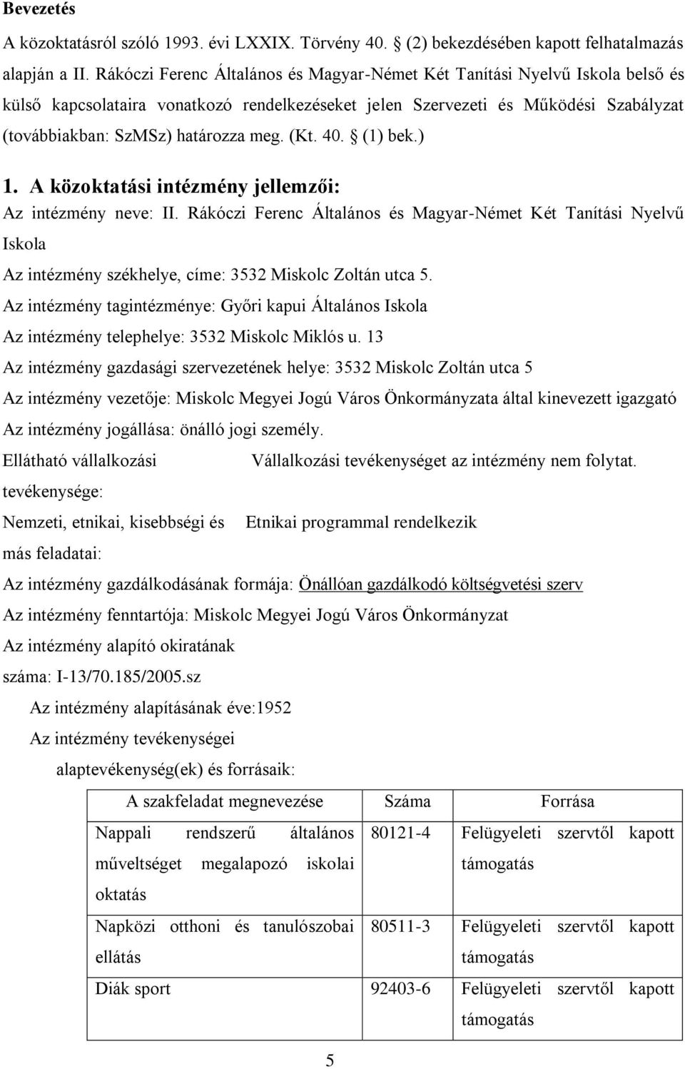 (Kt. 40. (1) bek.) 1. A közoktatási intézmény jellemzői: Az intézmény neve: II.