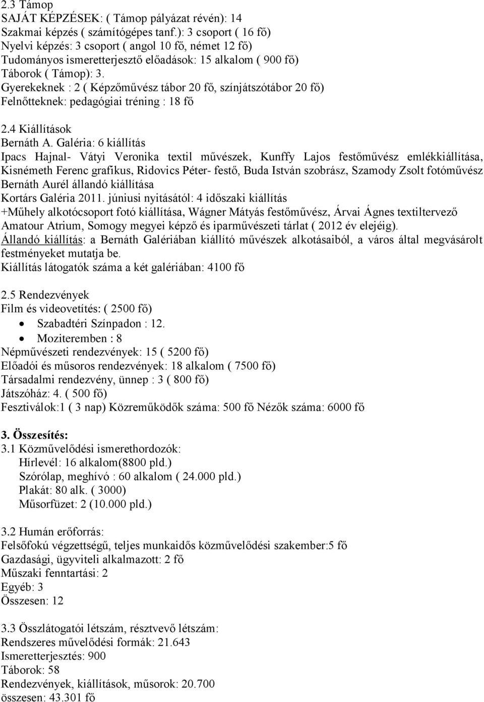 Gyerekeknek : 2 ( Képzőművész tábor 20 fő, színjátszótábor 20 fő) Felnőtteknek: pedagógiai tréning : 18 fő 2.4 Kiállítások Bernáth A.