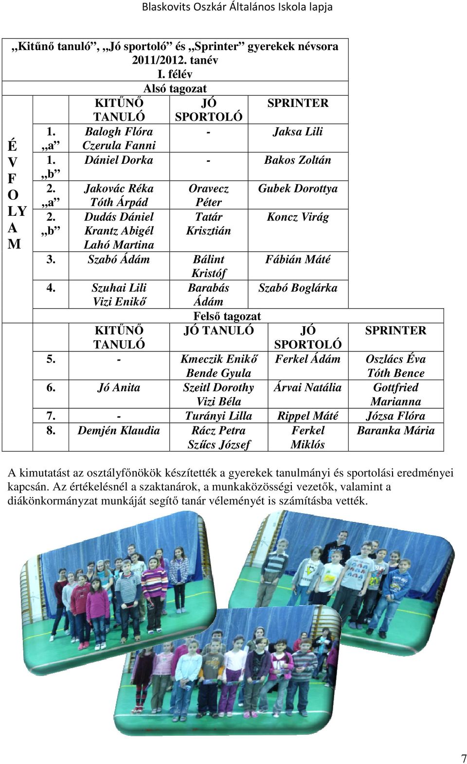 Szabó Ádám Bálint Fábián Máté Kristóf 4. Szuhai Lili Vizi Enikő Barabás Ádám Szabó Boglárka Felső tagozat KITŰNŐ JÓ TANULÓ JÓ SPRINTER TANULÓ SPORTOLÓ 5.