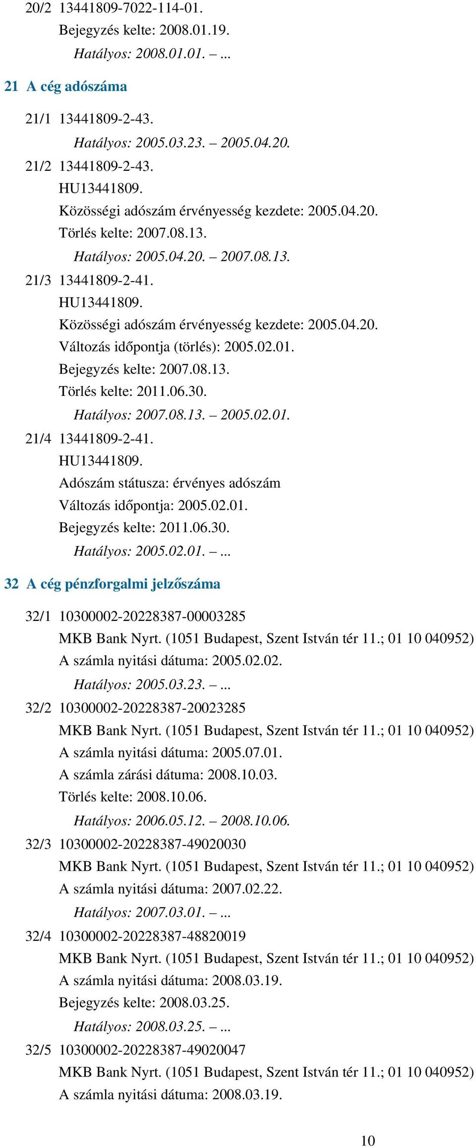 02.01. Bejegyzés kelte: 2007.08.13. Törlés kelte: 2011.06.30. Hatályos: 2007.08.13. 2005.02.01. 21/4 13441809-2-41. HU13441809. Adószám státusza: érvényes adószám Változás időpontja: 2005.02.01. Bejegyzés kelte: 2011.