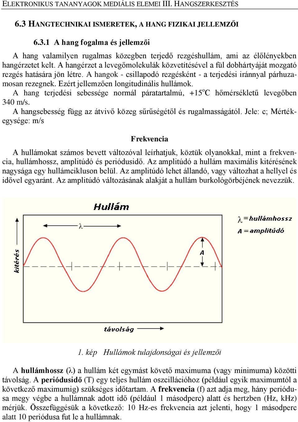Ezért jellemzően longitudinális hullámok. A hang terjedési sebessége normál páratartalmú, +15 o C hőmérsékletű levegőben 340 m/s. A hangsebesség függ az átvivő közeg sűrűségétől és rugalmasságától.
