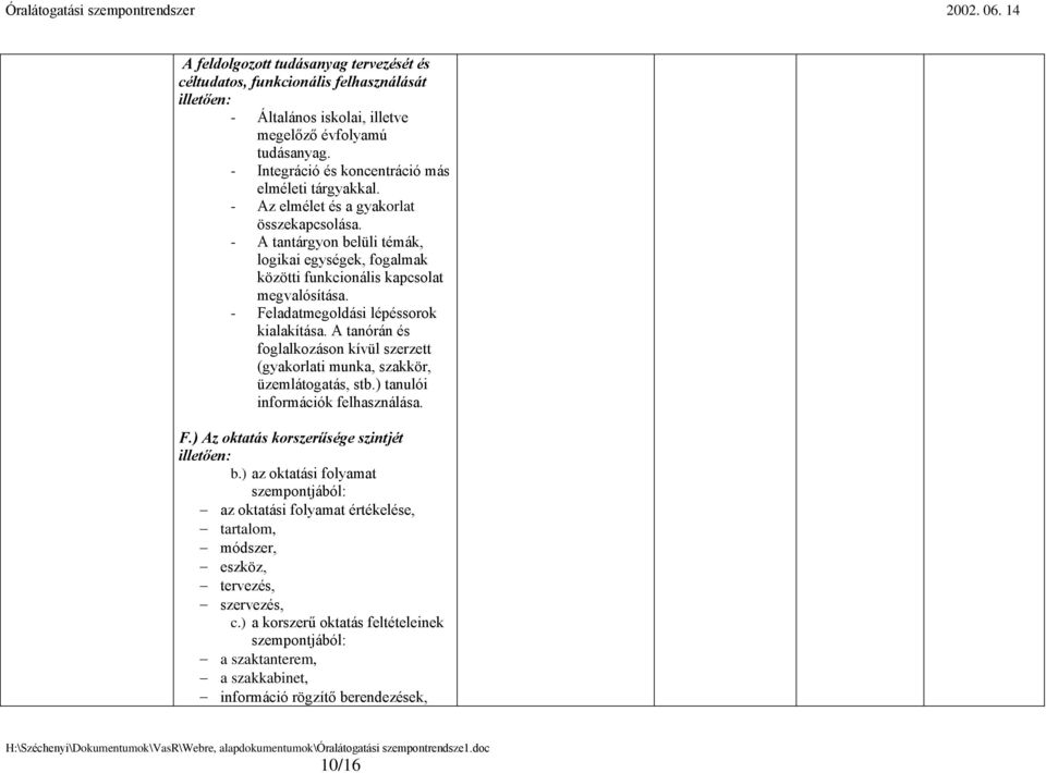 - Feladatmegoldási lépéssorok kialakítása. A tanórán és foglalkozáson kívül szerzett (gyakorlati munka, szakkör, üzemlátogatás, stb.) tanulói információk felhasználása. F.) Az oktatás korszerűsége szintjét illetően: b.