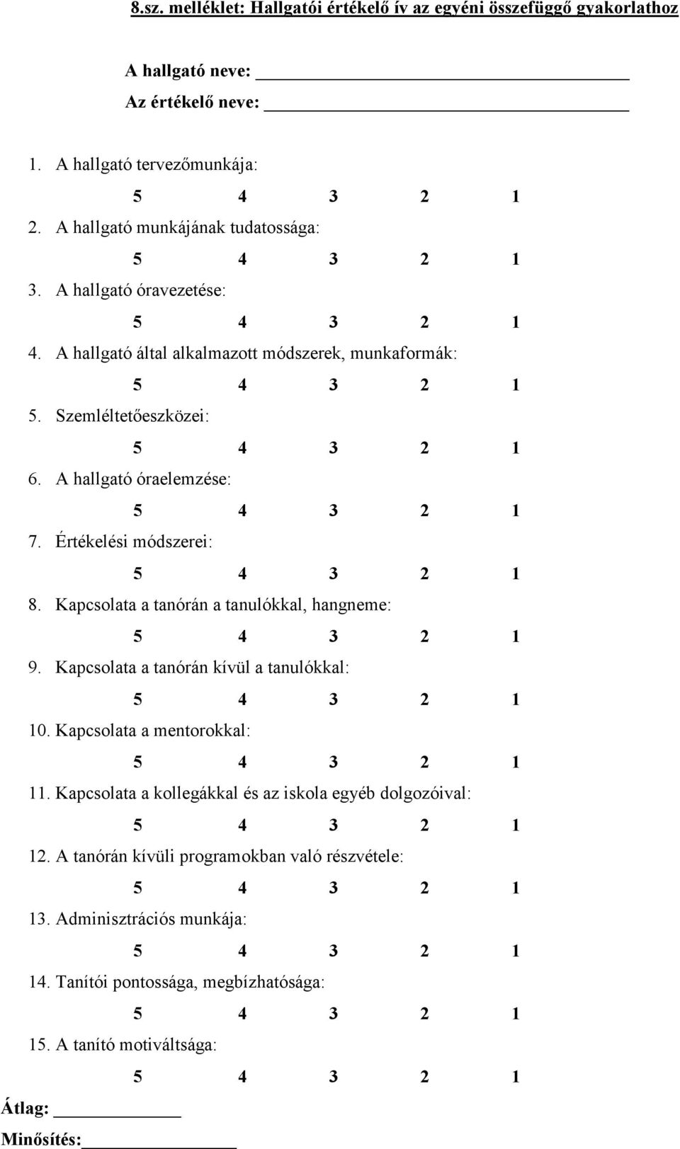 Értékelési módszerei: 8. Kapcsolata a tanórán a tanulókkal, hangneme: 9. Kapcsolata a tanórán kívül a tanulókkal: 10. Kapcsolata a mentorokkal: 11.