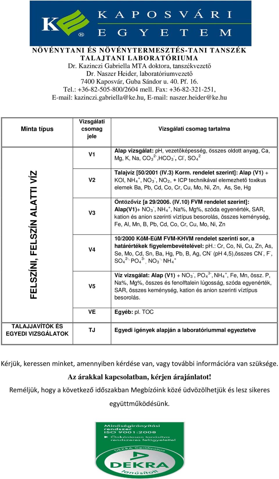 10) FVM rendelet szerint]: Alap(V1)+ NO 3 -, NH 4 +, Na%, Mg%, szóda egyenérték, SAR, kation és anion szerinti víztípus besorolás, összes keménység, Fe, Al, Mn, B, Pb, Cd, Co, Cr, Cu, Mo, Ni, Zn