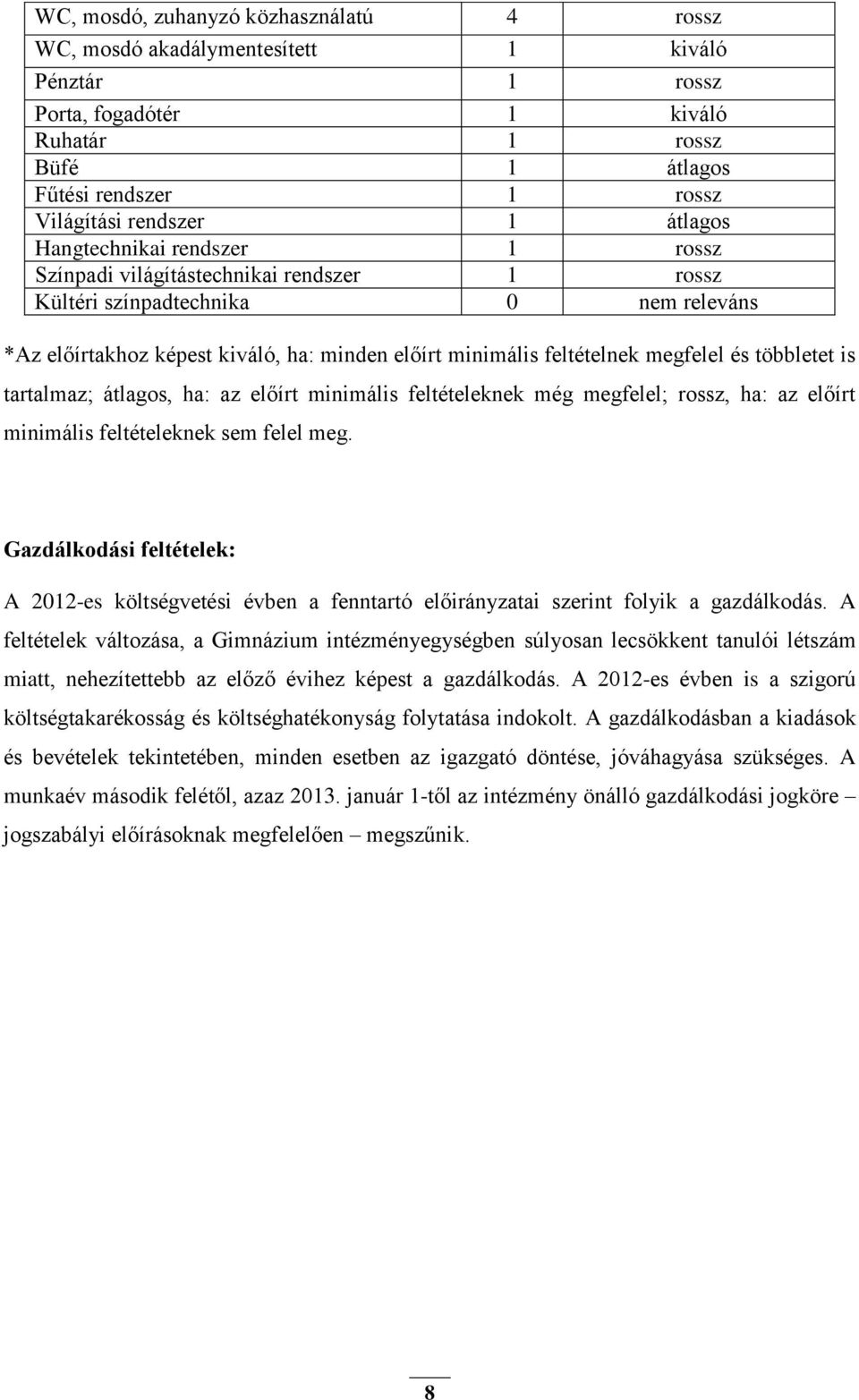 megfelel és többletet is tartalmaz; átlagos, ha: az előírt minimális feltételeknek még megfelel; rossz, ha: az előírt minimális feltételeknek sem felel meg.