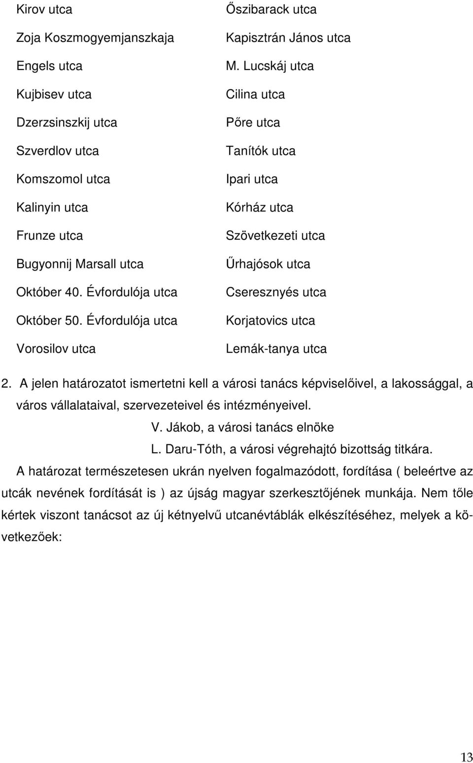 Lucskáj utca Cilina utca Pőre utca Tanítók utca Ipari utca Kórház utca Szövetkezeti utca Űrhajósok utca Cseresznyés utca Korjatovics utca Lemák-tanya utca 2.