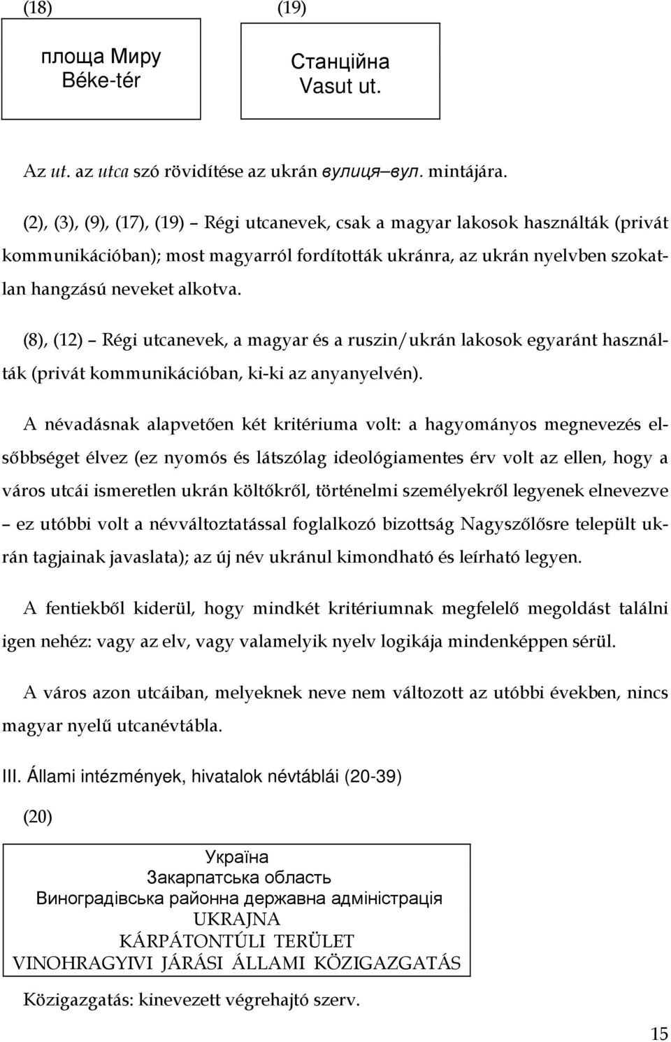 (8), (12) Régi utcanevek, a magyar és a ruszin/ukrán lakosok egyaránt használták (privát kommunikációban, ki-ki az anyanyelvén).