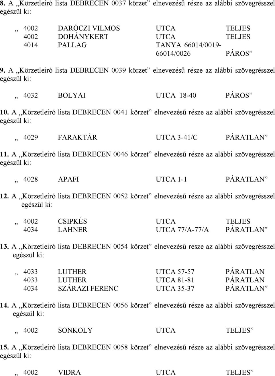 A Körzetleíró lista DEBRECEN 0041 körzet elnevezésű része az alábbi szövegrésszel 4029 FARAKTÁR UTCA 3-41/C PÁRATLAN 11.