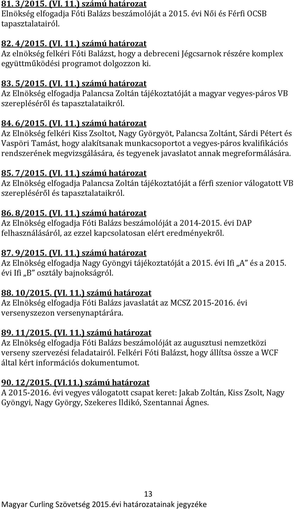 ) számú határozat Az Elnökség elfogadja Palancsa Zoltán tájékoztatóját a magyar vegyes-páros VB szerepléséről és tapasztalataikról. 84. 6/2015. (VI. 11.