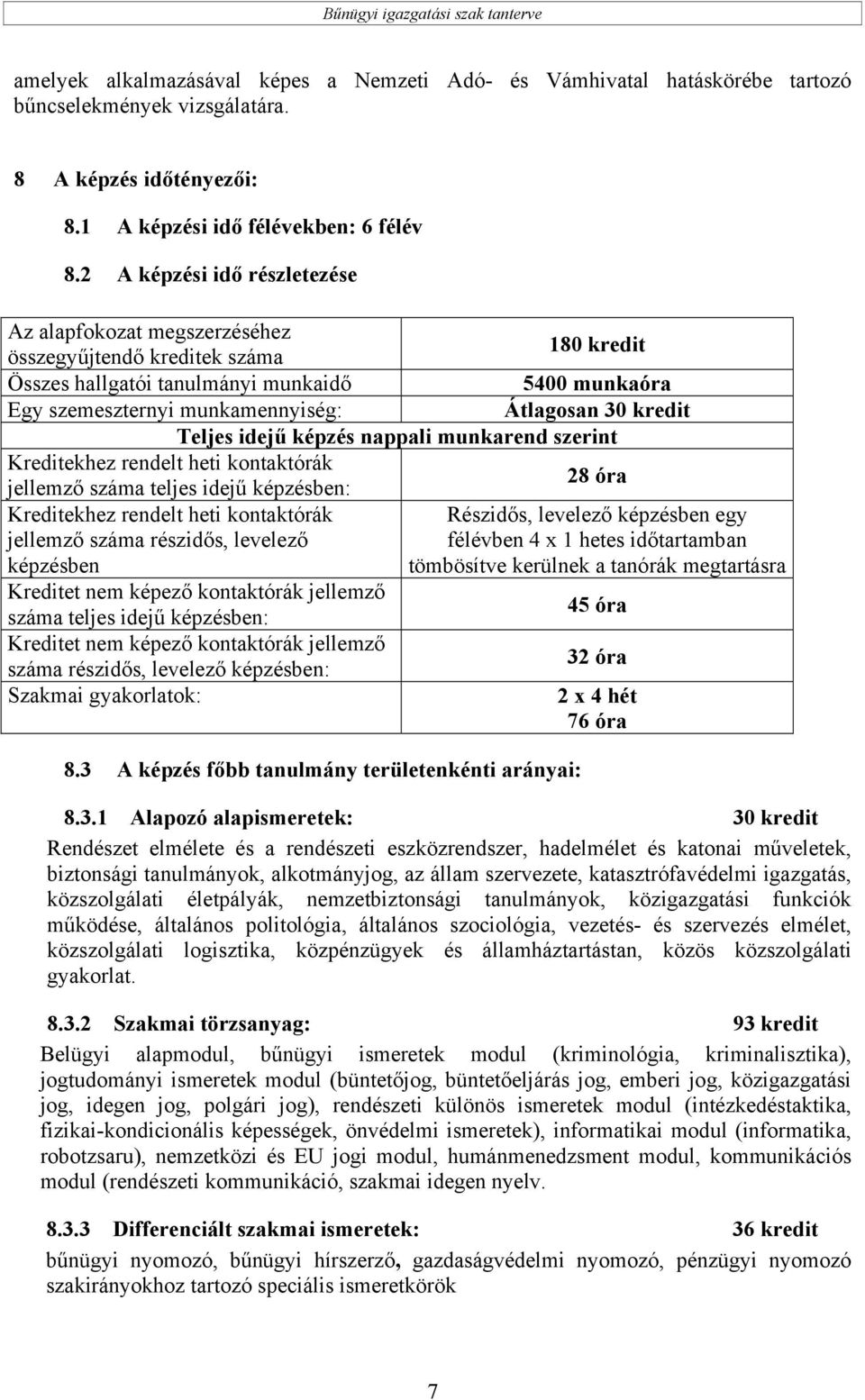 kredit Teljes idejű képzés nappali munkarend szerint Kreditekhez rendelt heti kontaktórák jellemző száma teljes idejű képzésben: 28 óra Kreditekhez rendelt heti kontaktórák jellemző száma részidős,