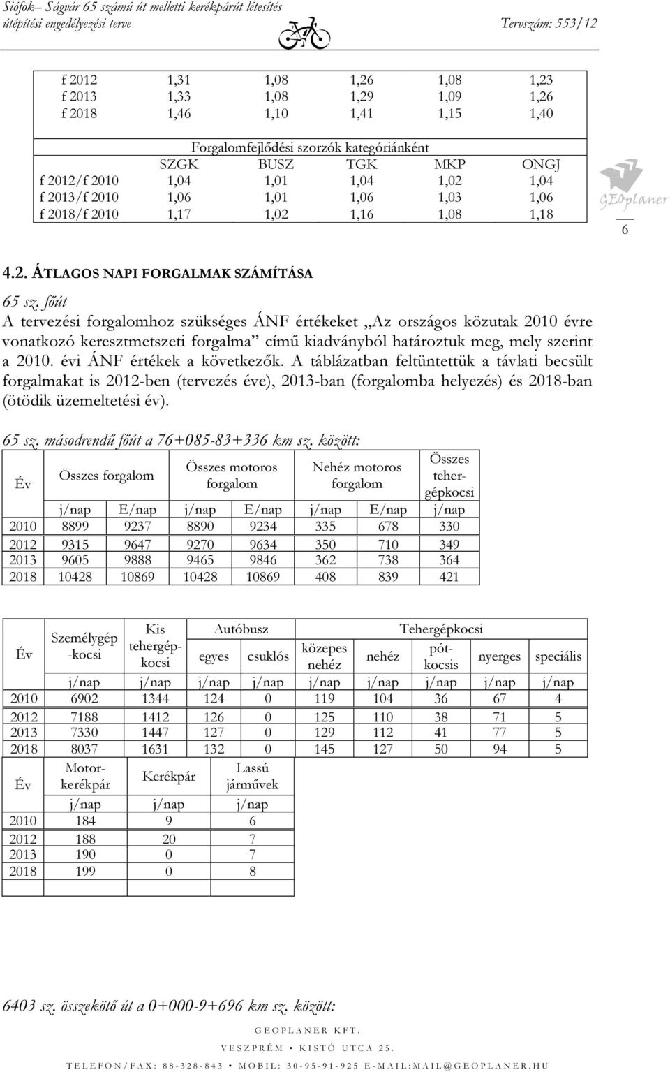 főút A tervezési forgalomhoz szükséges ÁNF értékeket Az országos közutak 2010 évre vonatkozó keresztmetszeti forgalma című kiadványból határoztuk meg, mely szerint a 2010.