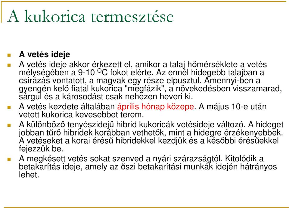 A május 10-e után vetett kukorica kevesebbet terem. A különbözı tenyészidejő hibrid kukoricák vetésideje változó. A hideget jobban tőrı hibridek korábban vethetık, mint a hidegre érzékenyebbek.