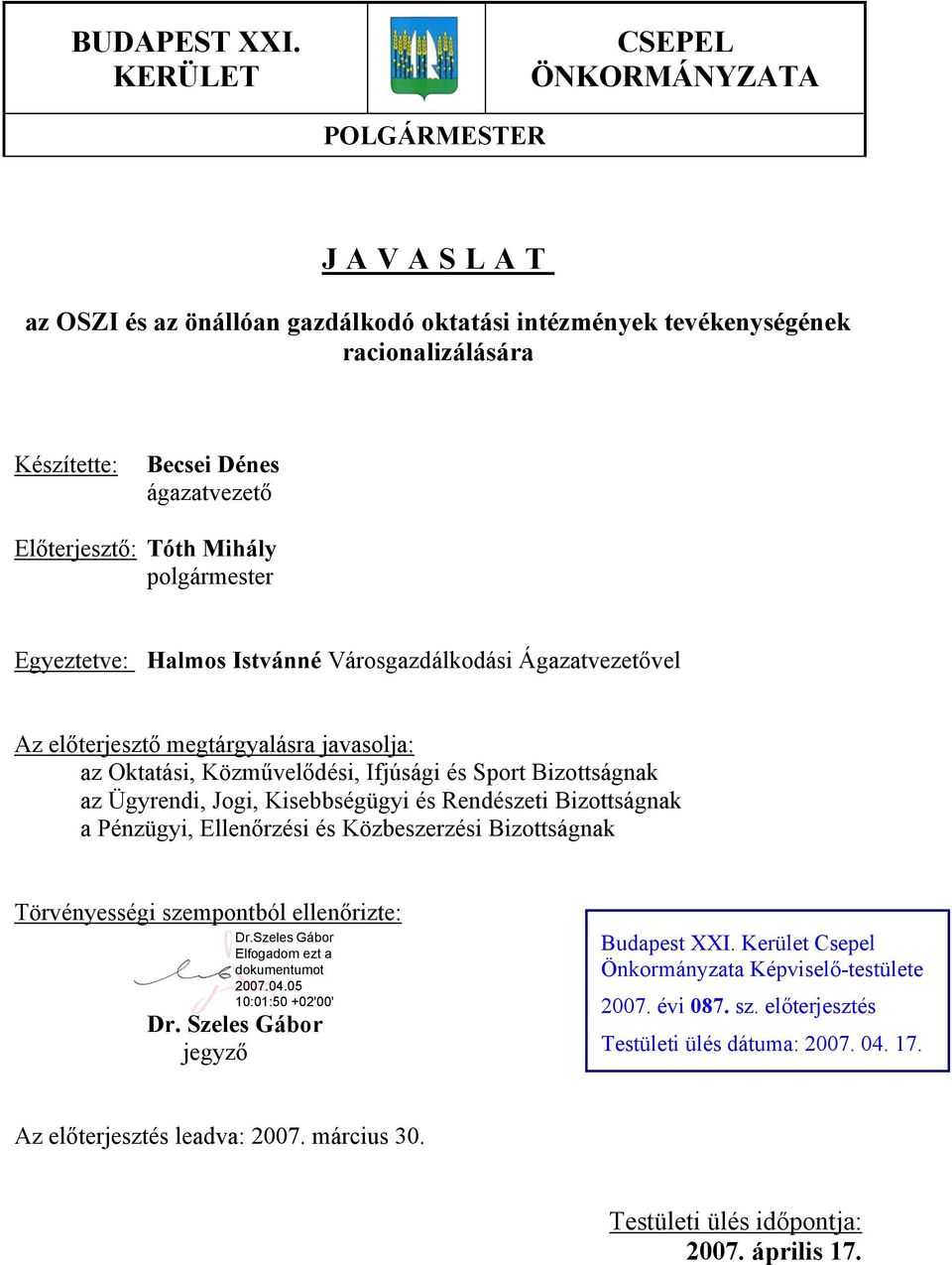 Mihály polgármester Egyeztetve: Halmos Istvánné Városgazdálkodási Ágazatvezetővel Az előterjesztő megtárgyalásra javasolja: az Oktatási, Közművelődési, Ifjúsági és Sport Bizottságnak az Ügyrendi,