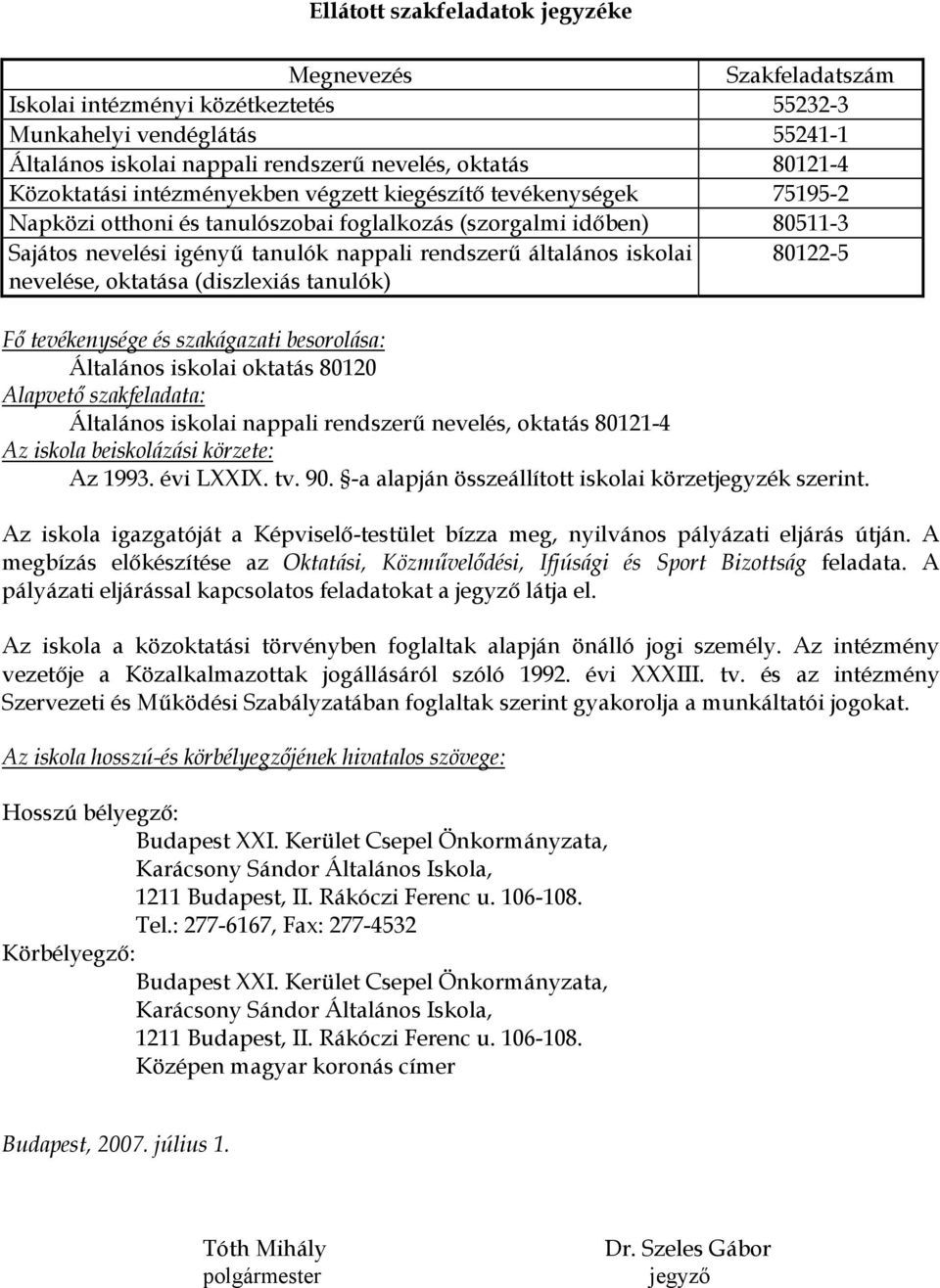 iskolai 80122-5 nevelése, oktatása (diszlexiás tanulók) Fő tevékenysége és szakágazati besorolása: Általános iskolai oktatás 80120 Alapvető szakfeladata: Általános iskolai nappali rendszerű nevelés,