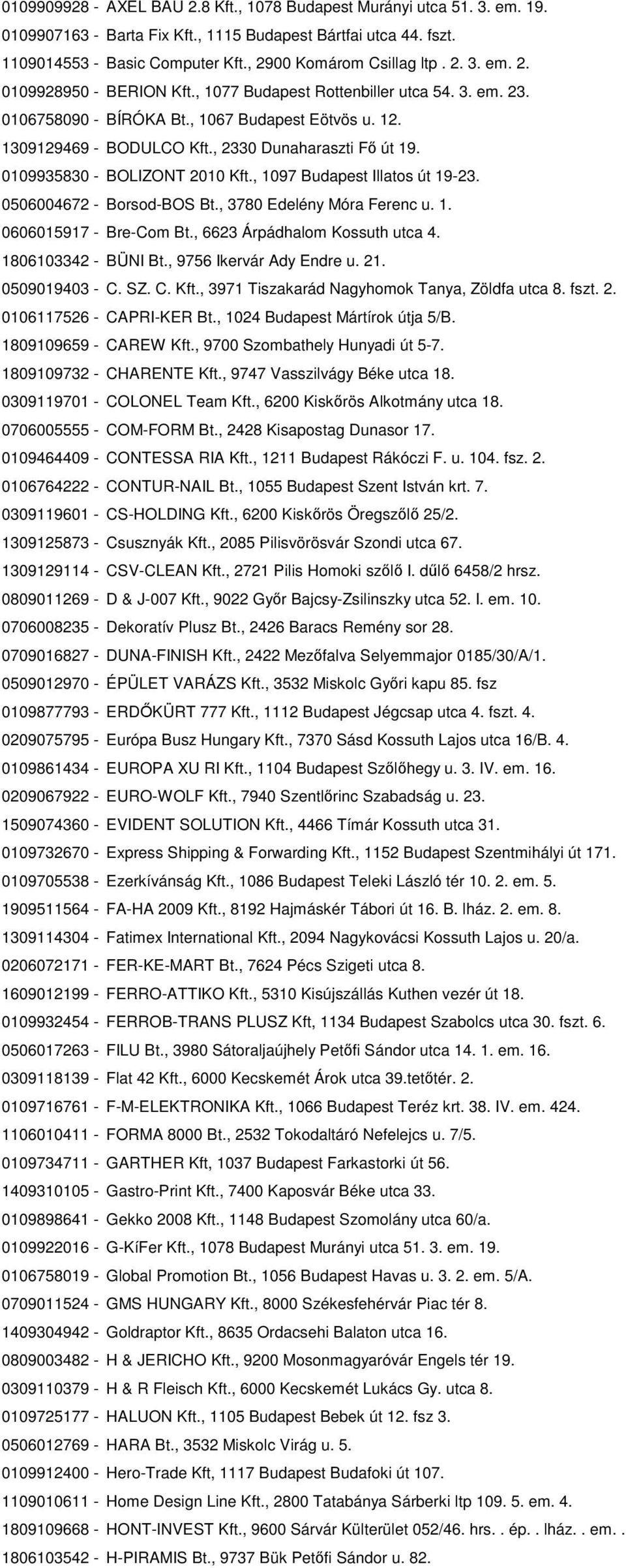 0109935830 - BOLIZONT 2010 Kft., 1097 Budapest Illatos út 19-23. 0506004672 - Borsod-BOS Bt., 3780 Edelény Móra Ferenc u. 1. 0606015917 - Bre-Com Bt., 6623 Árpádhalom Kossuth utca 4.