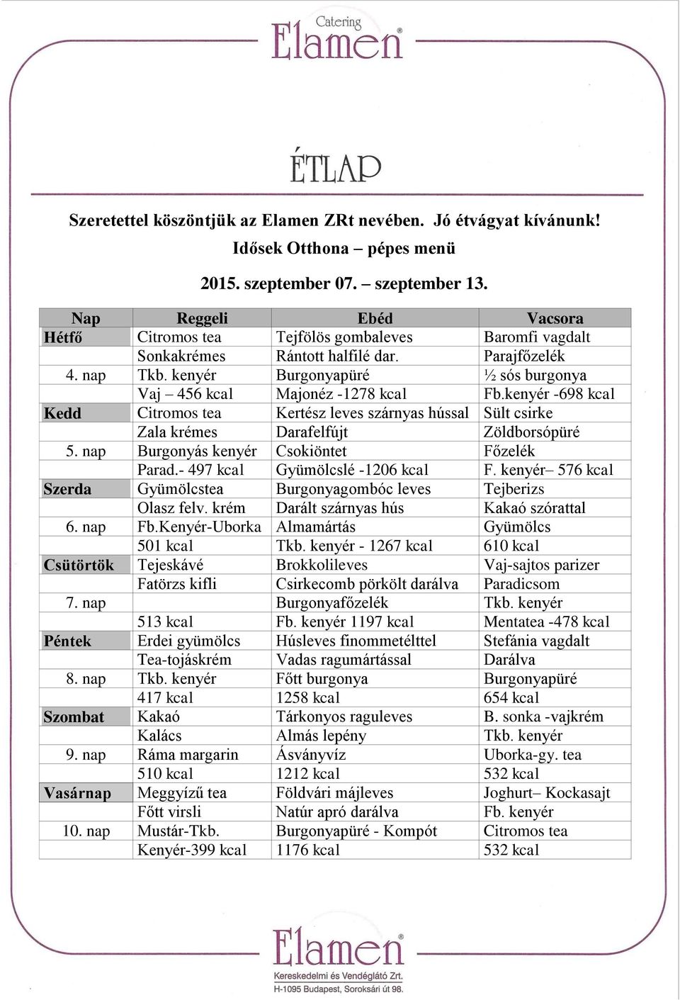 nap Burgonyás kenyér Csokiöntet Főzelék Parad.- 497 kcal Gyümölcslé -1206 kcal F. kenyér 576 kcal Szerda Gyümölcstea Burgonyagombóc leves Tejberizs Olasz felv.