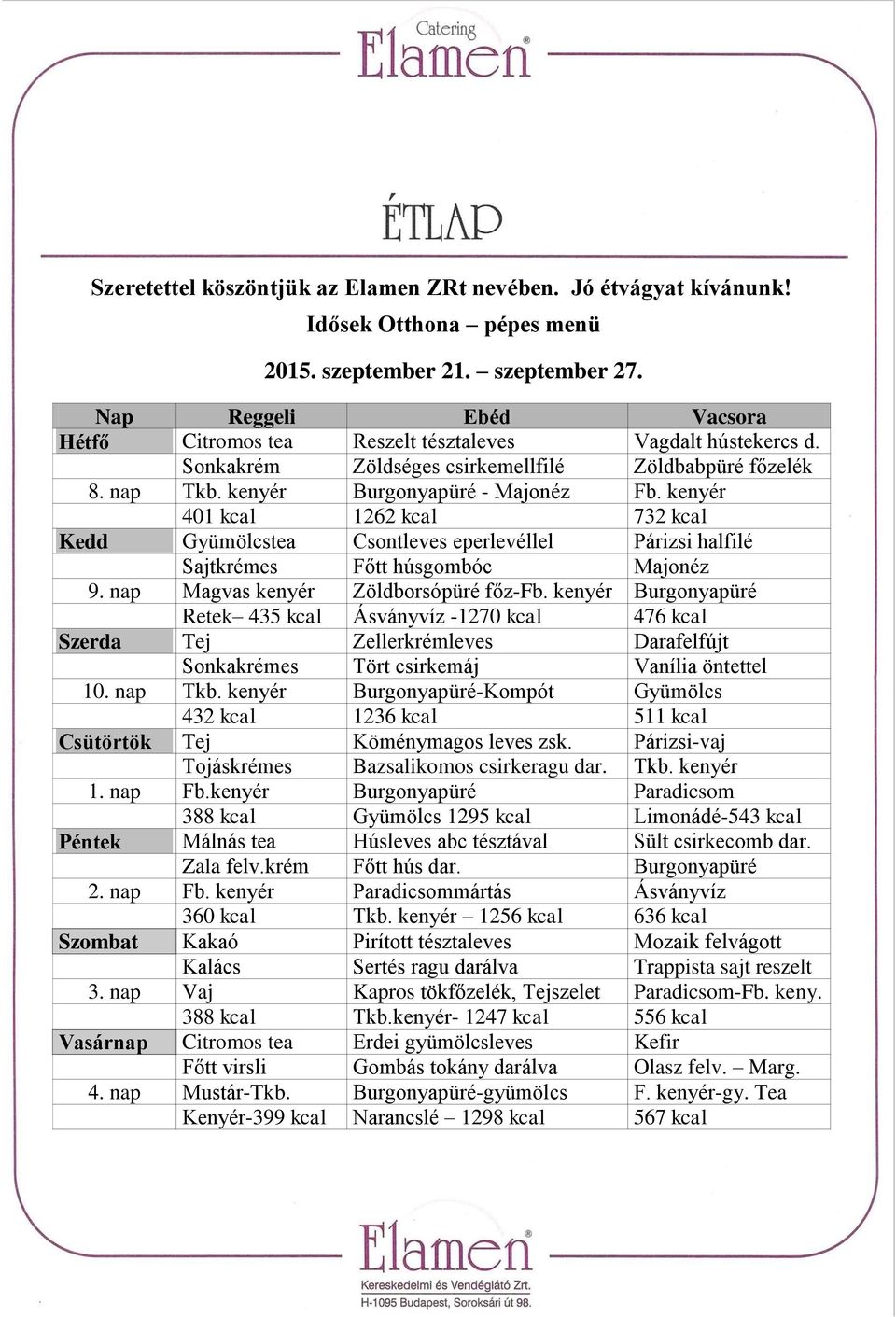kenyér Burgonyapüré Retek 435 kcal Ásványvíz -1270 kcal 476 kcal Szerda Tej Zellerkrémleves Darafelfújt Sonkakrémes Tört csirkemáj Vanília öntettel 10. nap Tkb.