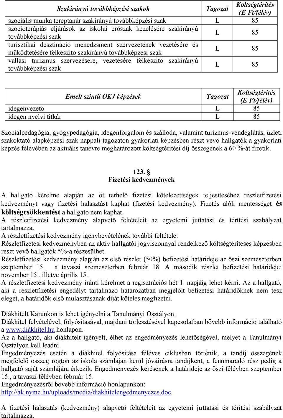 felkészítő szakirányú továbbképzési szak L 85 Emelt szintű OKJ képzések Tagozat Költségtérítés (E Ft/félév) idegenvezető L 85 idegen nyelvi titkár L 85 Szociálpedagógia, gyógypedagógia,