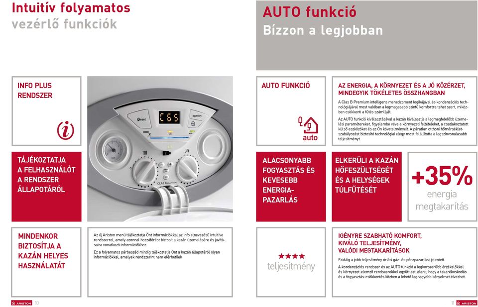 Az AUTO funkció kiválasztásával a kazán kiválasztja a legmegfelelőbb üzemelési paramétereket, figyelembe véve a környezeti feltételeket, a csatlakoztatott külső eszközöket és az Ön követelményeit.