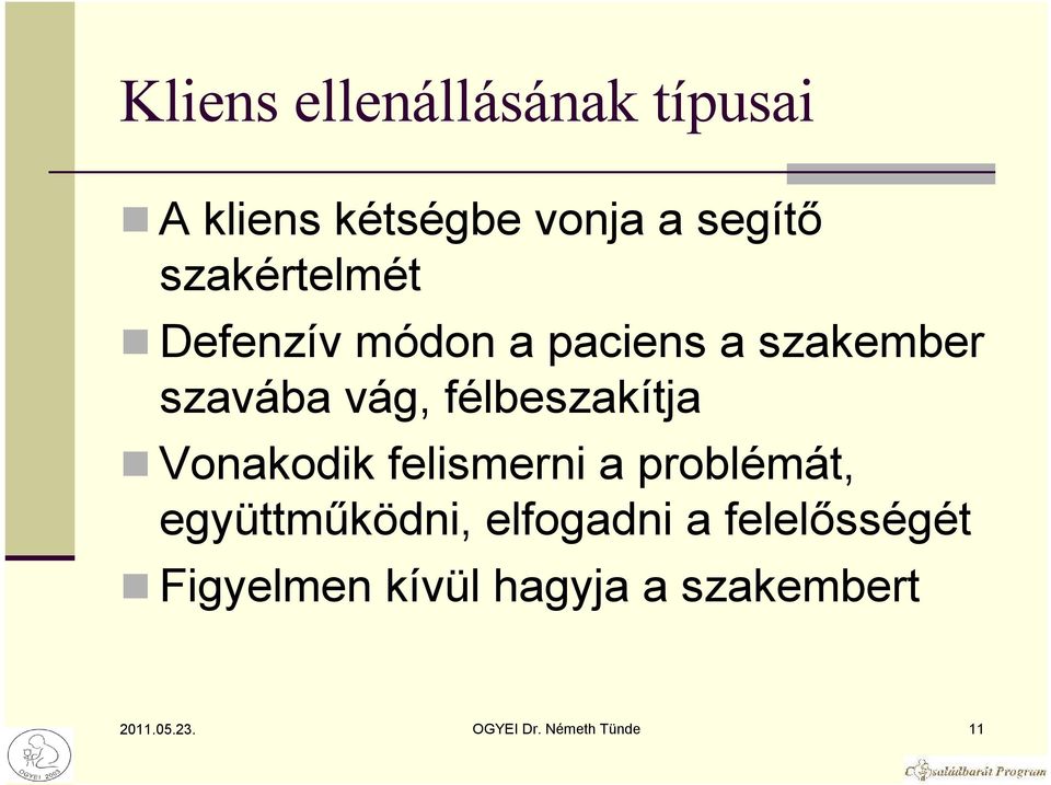 félbeszakítja Vonakodik felismerni a problémát, együttmőködni,