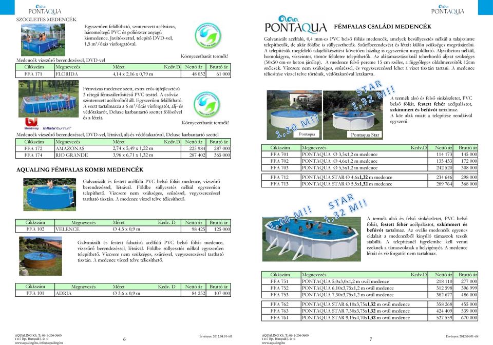 D Nettó ár Bruttó ár FFA 171 FLORIDA 4,14 x 2,16 x 0,79 m 48 032 61 000 FÉMFALAS CSALÁDI MEDENCÉK Galvanizált acélfalú, 0,4 mm-es PVC belső fóliás medencék, amelyek besüllyesztés nélkül a